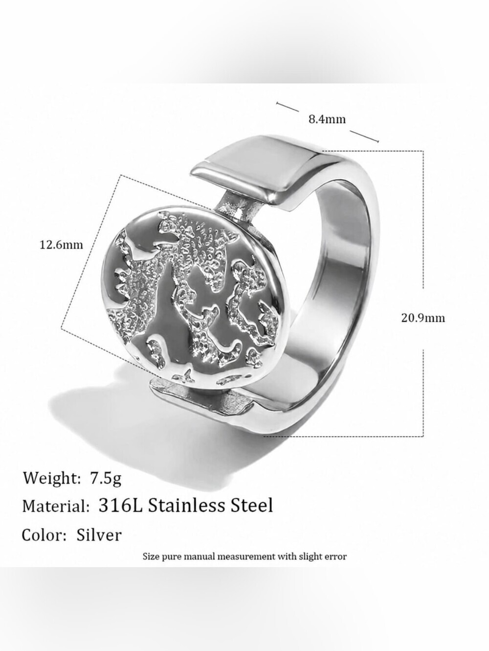 Silver Textured Disc Stainless Steel Ring